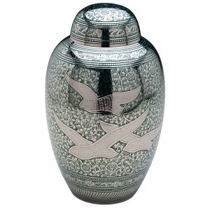 Brass Urn (Silver and Green with Flying Birds Design)